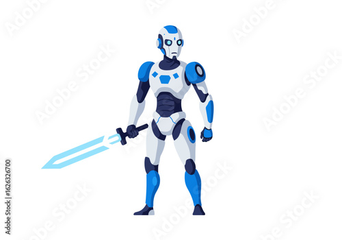 Cybernetic swordsman stands guard with glowing blade
