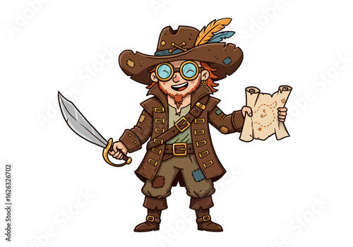 A cheerful cartoon pirate clutches a map and sword ready for adventure