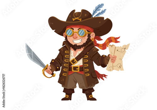 A steampunk pirate gleefully holds a map and a sword