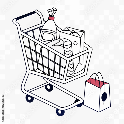 Shopping cart filled with groceries and a shopping bag