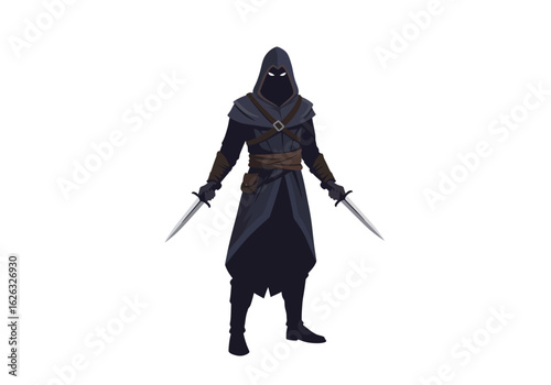 Hooded Assassin Cloaked figure eyes glowing dual daggers poised in a shadowy stance