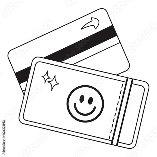Two stylized cards one with a smiley face and sparkles the other with a magnetic stripe and arrow