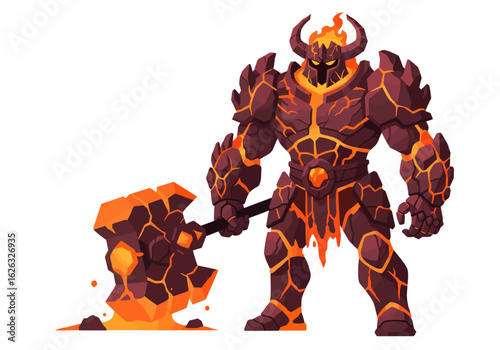 Fiery magma golem armored in volcanic rock wields a molten hammer
