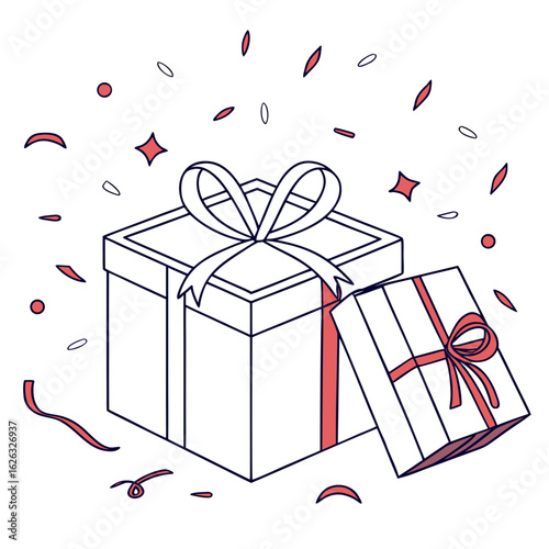 Two gift boxes with red ribbons and confetti