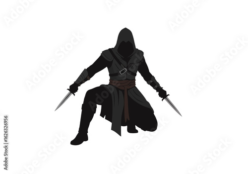 Cloaked assassin crouches dual daggers drawn poised for attack