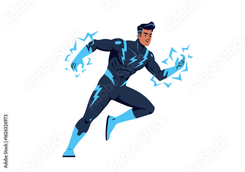 Energetic superhero sprints crackling with blue energy in a dynamic pose