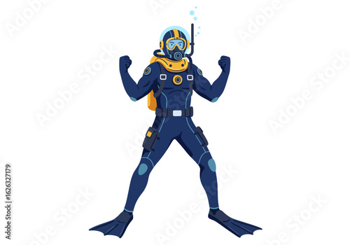 Triumphant diver suited helmeted flexing arms in victorious pose amid bubbly depths