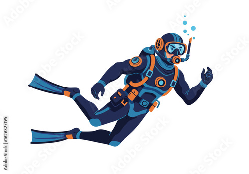 Deepsea diver floats exhaling bubbles towards the surface exploring the mysterious abyss