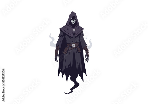 Shadowy Grim Reaper in hooded cloak skull face fading to smoky tendrils against white