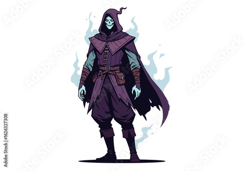 Grim necromancer in purple robes skull face spectral flames