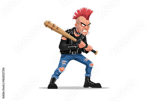 Punk rocker wielding spiked bat ready for a fight