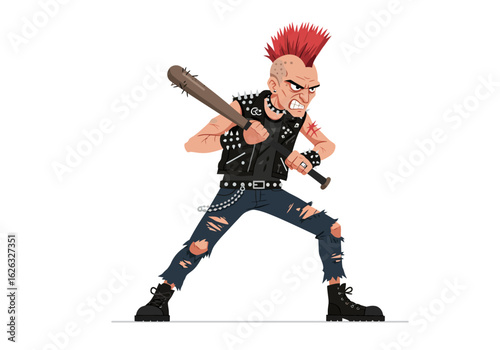 Punk rock ruffian wielding spiky baseball bat in threatening stance