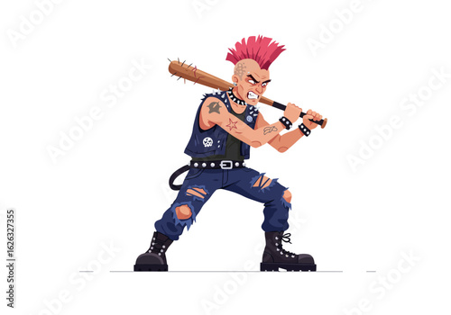 Furious punk readies spiked bat edgy rage in a street scene
