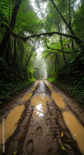 A cinematic and rustic photorealistic image of a narrow, muddy, dirt road through a dense, humid, jungle with puddles reflecting the canopy.