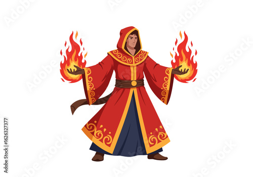 Fiery sorcerer casting spells enveloped by flames