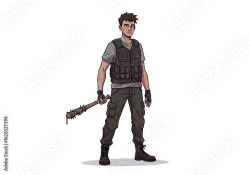 Survivor stands with barbedwire bat blood stains hinting at a fierce fight in a postapocalyptic world