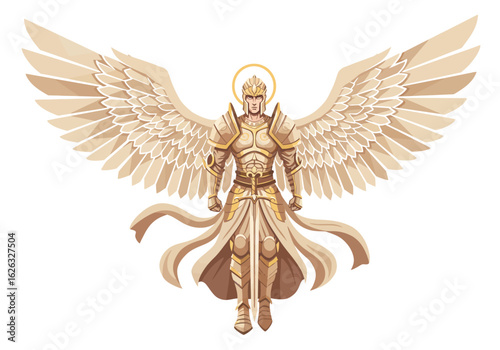 A radiant angel warrior stands tall wings spread halo above clad in golden armor holding a sword and a flowing white cape