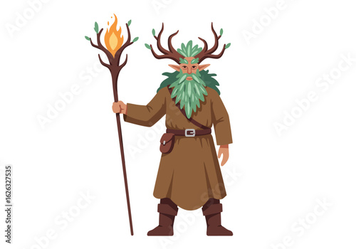 Entlike druid holds firetopped staff antlers crowned with leaves