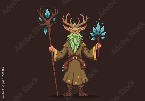 Forest Guardian Stagantlered figure with crystal staff  beard of leaves in a brown forest