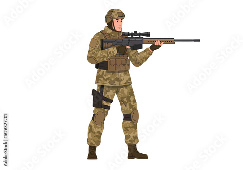 Camo Sniper A soldier stands ready armed with a powerful rifle