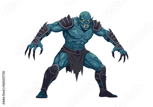 Sinister muscular orc with clawed hands adorned with armor