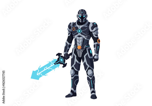 Armored warrior with glowing sword stands ready for battle