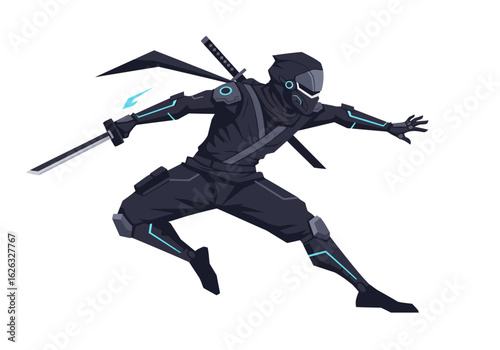 Cybernetic ninja warrior leaps sword drawn poised for combat with energy accents