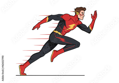 A dashing superhero in a redandblack suit dashing through speed lines