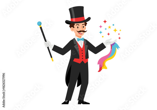 Magicians colorful act with wand suit  top hat charms