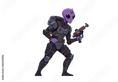 Armored alien warrior in action pose holding raygun