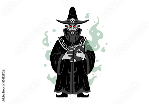 Sinister sorcerer with fiery eyes reads spellbook amidst ethereal green smoke