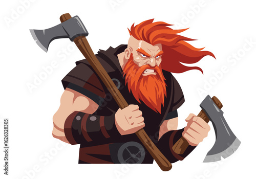 A furious redbearded Viking warrior brandishing axes ready for battle