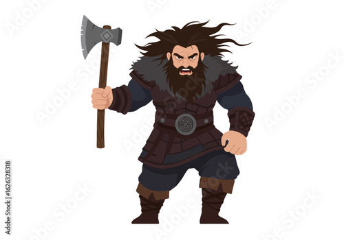 Furious Viking Warrior Wild hair axe aloft battleready stance