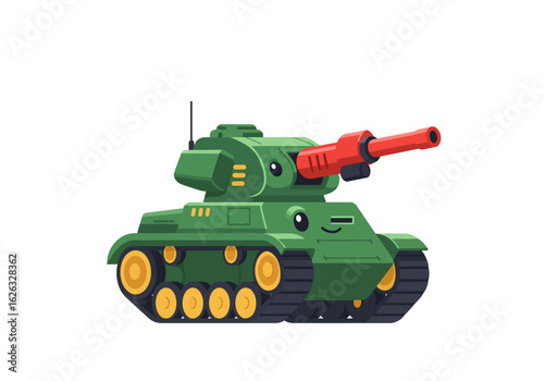Smiling cartoon tank boasts a bright red cannon against a white backdrop