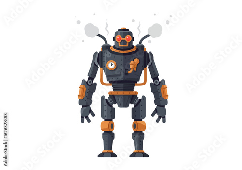Steampunk automaton standing proud with steam billowing from its back pipes
