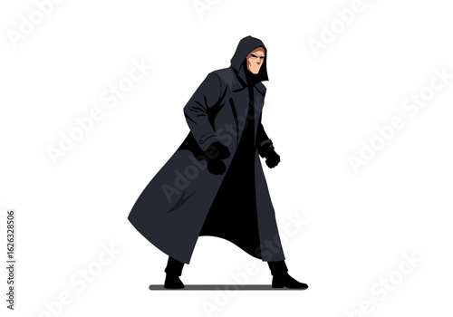 Shadowy figure in a long coat face obscured by a hood strides forward with purpose