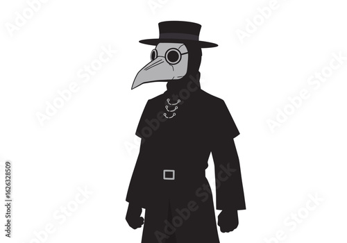 Plague Doctor in shadow Bird mask black coat top hat mystery
