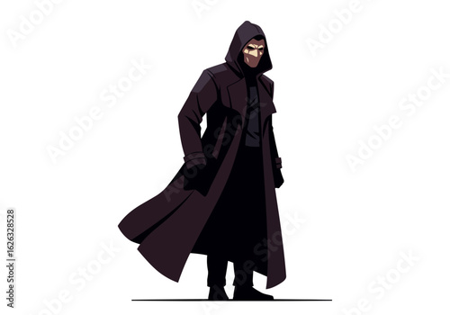 Cloaked figure stands in shadow face concealed