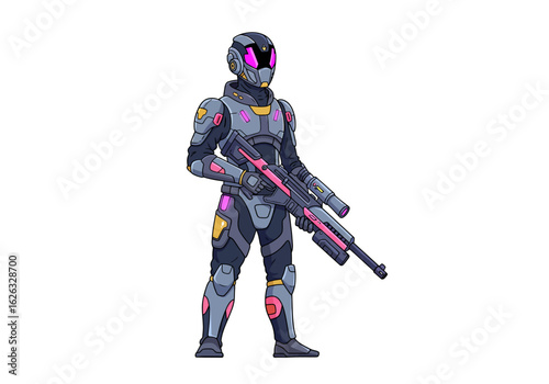 Pixelated futuristic soldier in armor with pink accents  rifle stands against a white backdrop