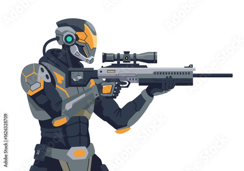 Cybernetic sniper aims in hitech suit