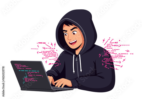 Hoodie hacker coding smiling laptop pink code streams