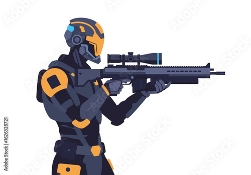 Futuristic marksman with rifle ready to strike