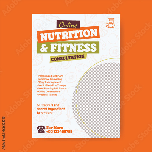 Online Nutrition and Fitness Consultation and weight lose food plan poster or flyer design, Diet plan and Healthy food Guidance poster, leaflet, brochure a4 vertical template