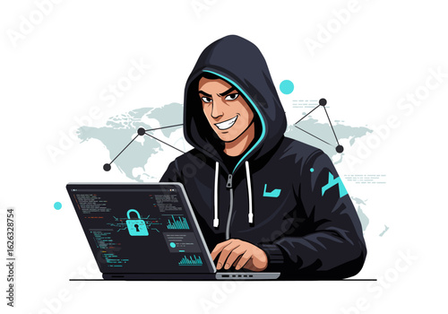 Sinister hacker in hoodie exploits system on laptop with global tech network