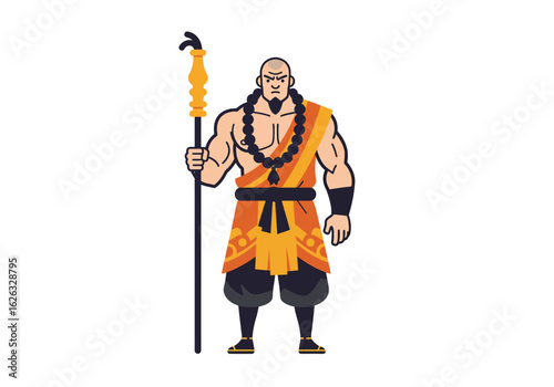 Stern monk warrior stands tall with staff eyes full of purpose