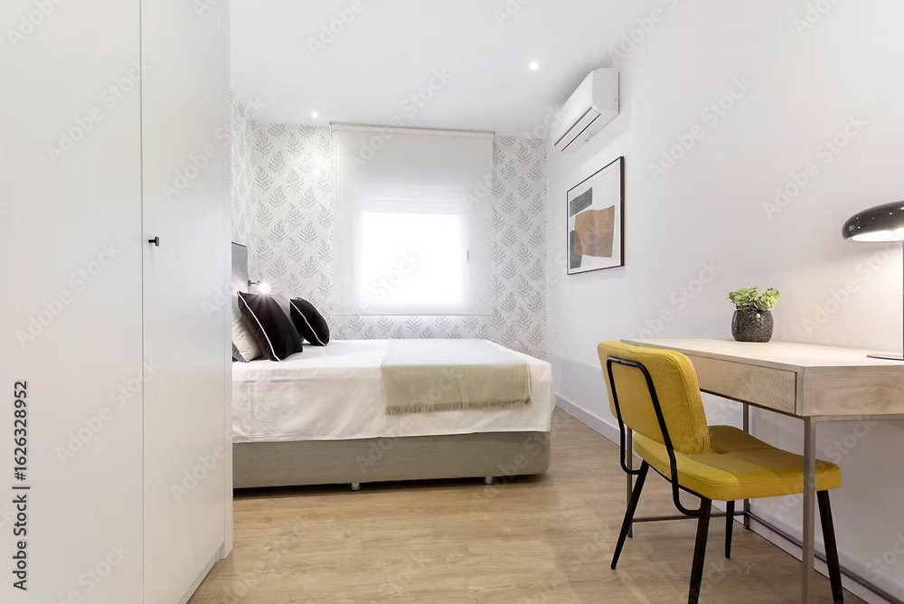 Fototapeta premium Modern luxury bedroom interior in minimal scandinavian style, 3d render