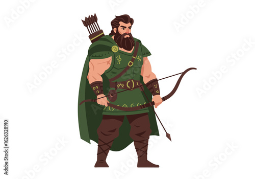 Bearded archer in green with bow  arrow arrows in quiver on back tunic with symbols  leather straps on legs