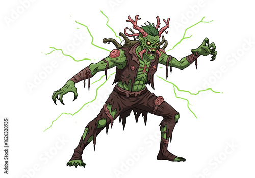 Animated zombie plant creature with eerie green lightning and tattered clothes