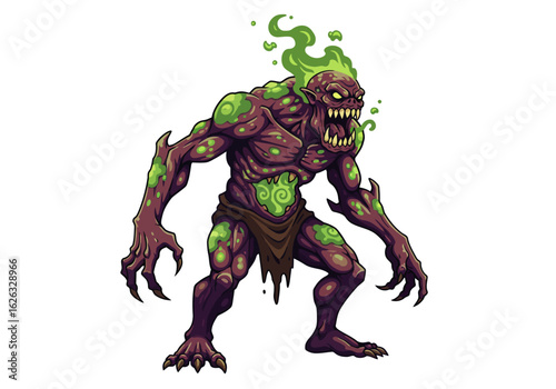 Eerie undead monster stands menacingly with green flames and sharp teeth