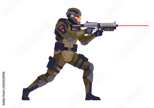 Scifi soldier in tactical gear aims laser gun with focused precision on a white background